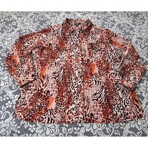 Elementz Blouse Size 3X Brown Artsy Print Button Up Long Roll Tab Sleeve Pockets